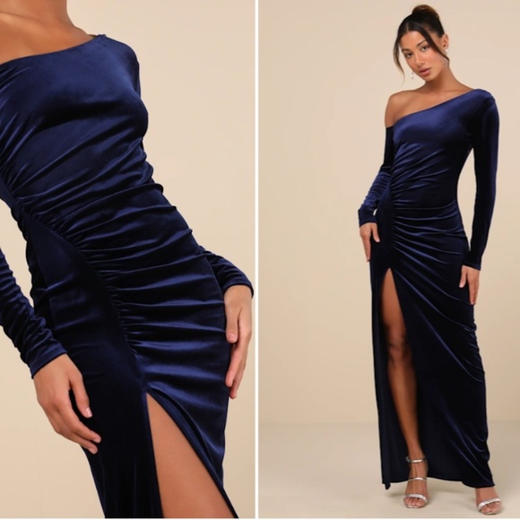 LULU's Sexy Prom Wedding Sexy Romantic Regal Elegant Blue Velvet Maxi Dress - Picture 4 of 5